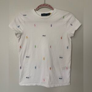 Ralph Lauren White Tee with Multicolor Embroidered Pony Motifs